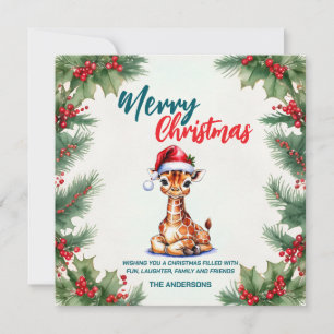 Cute watercolor giraffe Santa Merry Christmas Holiday Card