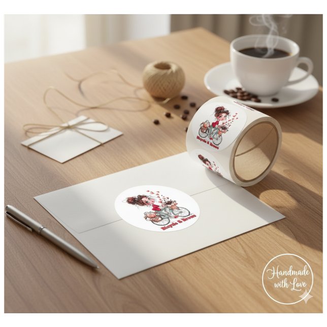 Cute Watercolor Girl Bicycle & Brews Round Sticker (Creator Uploaded)