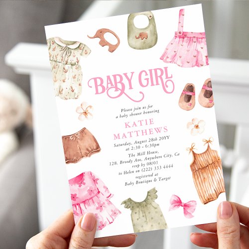Cute Watercolor Girl Clothes GIRL Baby Shower Invitation