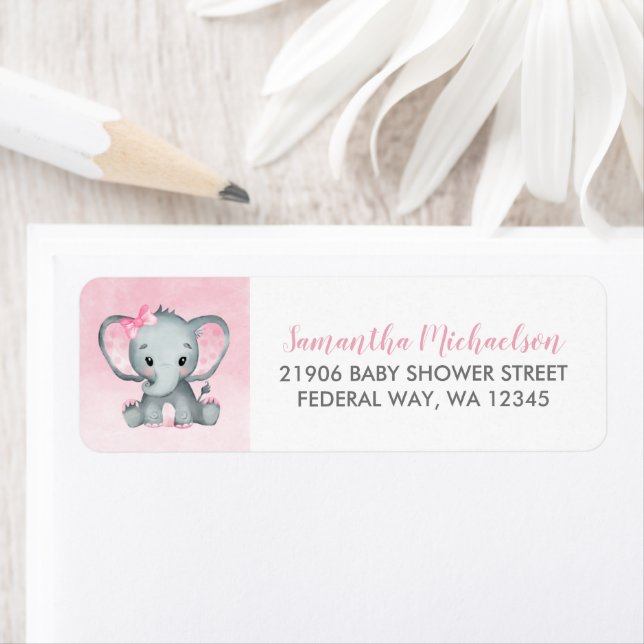 Cute Watercolor Girl Elephant Baby Shower Label (Insitu)