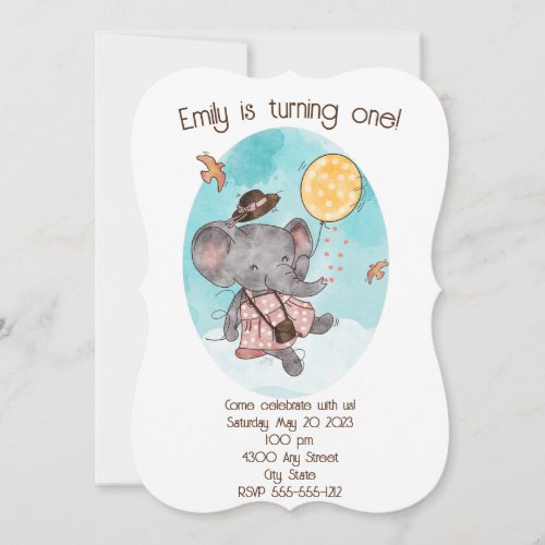 Cute Watercolor Girl Elephant Birthday Flat Card