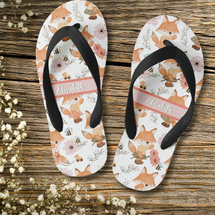 Cute Watercolor Girl Fox, Bee & Floral Pattern Kid's Flip Flops