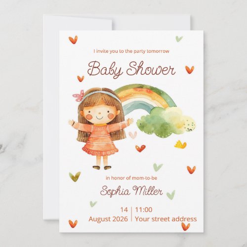 Cute Watercolor Girl Rainbow Baby Shower Invitatio Invitation