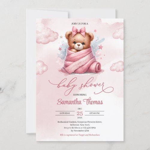 Cute Watercolor girl teddy bear in diaper with bow Invitation