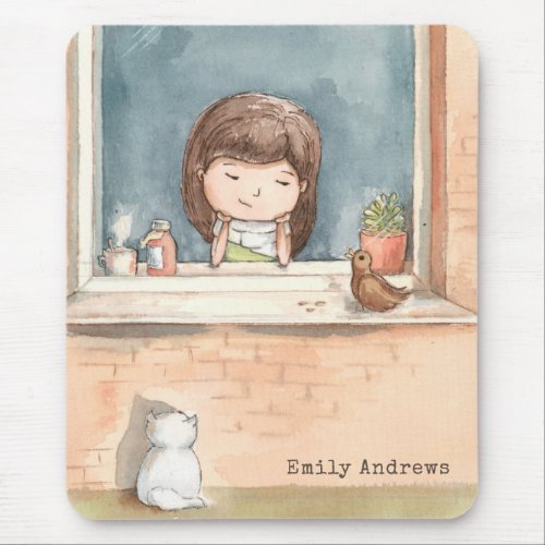 Cute Watercolor Girl With Bird Cat Personalized Mouse Pad