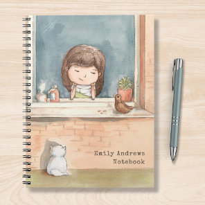 Cute Watercolor Girl With Bird Cat Personalized Notebook