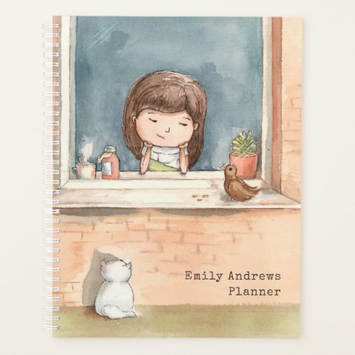 Cute Watercolor Girl With Bird Cat Personalized Planner