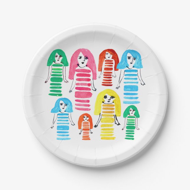 Cute watercolor girls funky fun paper plates (Front)