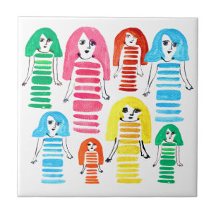 Cute watercolor girls funky modern art ceramic tile