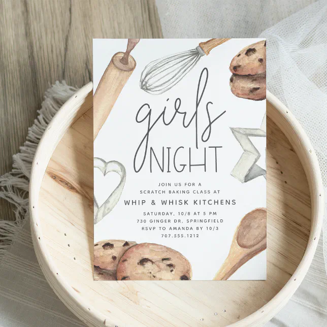 Cute Watercolor Girls Night Out Baking Class Invitation | Zazzle