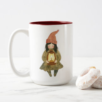 Cute Watercolor Gnome Girl Lantern Two-Tone Coffee Mug