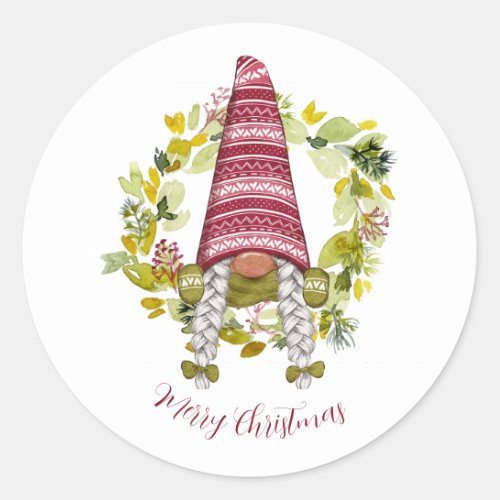 Cute Watercolor Gnome Red Hat Nordic with Wreath   Classic Round Sticker