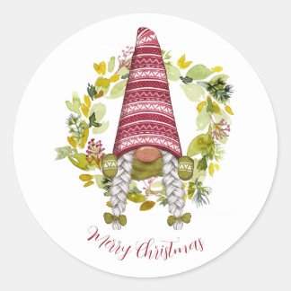 Cute Watercolor Gnome Red Hat Nordic with Wreath Classic Round Sticker