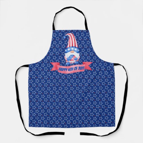 Cute Watercolor Gnomes 4th of July Blue Apron