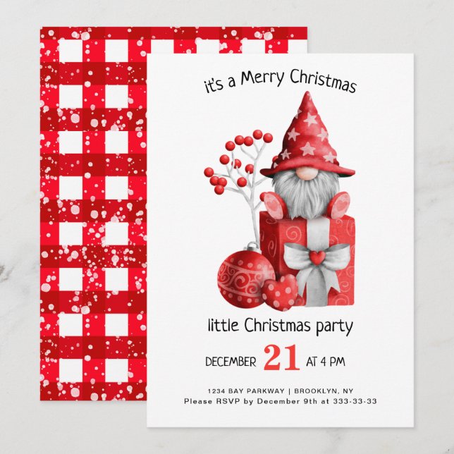 Cute Watercolor  Gnomes Little Christmas Party Inv Invitation (Front/Back)