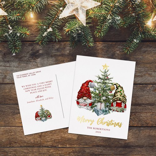 Cute Watercolor Gnomes Merry Christmas Foil Holiday Postcard