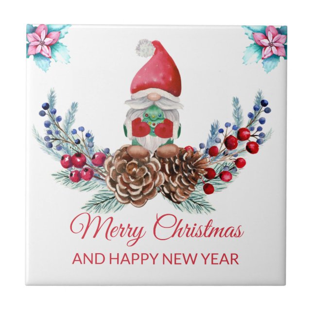 Cute Watercolor Gnomes  & Poinsettia  Ceramic Tile (Front)
