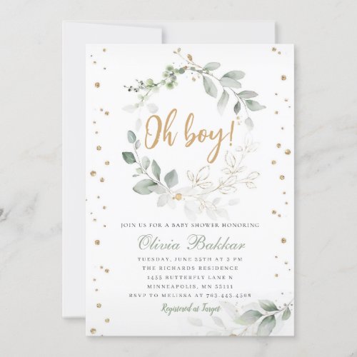 Cute Watercolor Gold Oh Baby Greenery Baby Shower Invitation