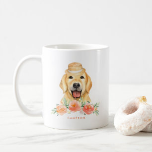 Cute Watercolor Golden Retriever Peach Floral Coffee Mug