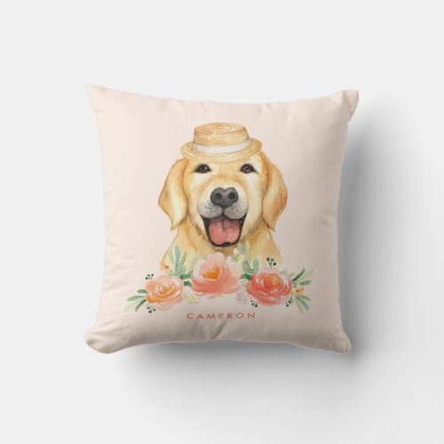 Cute Watercolor Golden Retriever Peach Floral Throw Pillow