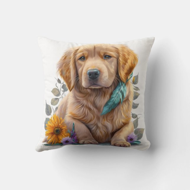 Cute Watercolor Golden Retriever Puppy Dog Throw Pillow (Back)