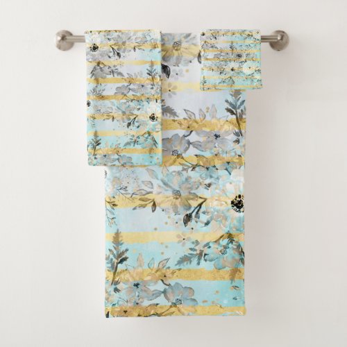 Cute watercolor gray floral and stripes design bath towel set