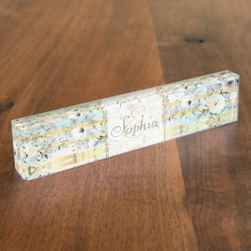 Cute watercolor gray floral and stripes design desk name plate