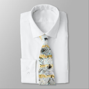 Cute watercolor gray floral and stripes design neck tie