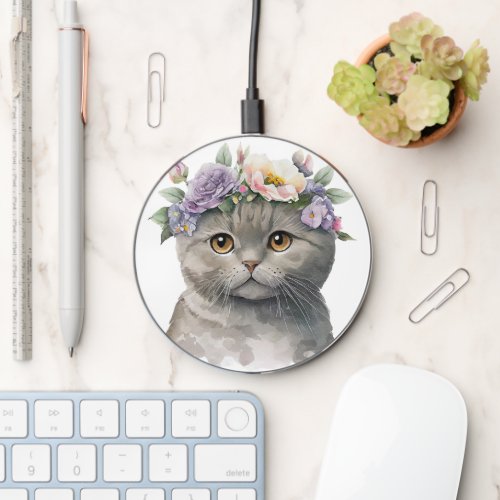 CUTE WATERCOLOR GRAY TABBY CAT WITH FLOWERS WIRELESS CHARGER 