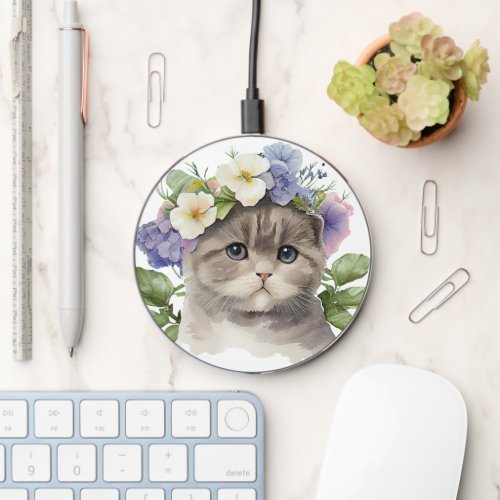 CUTE WATERCOLOR GRAY TABBY CAT WITH FLOWERS WIRELESS CHARGER 