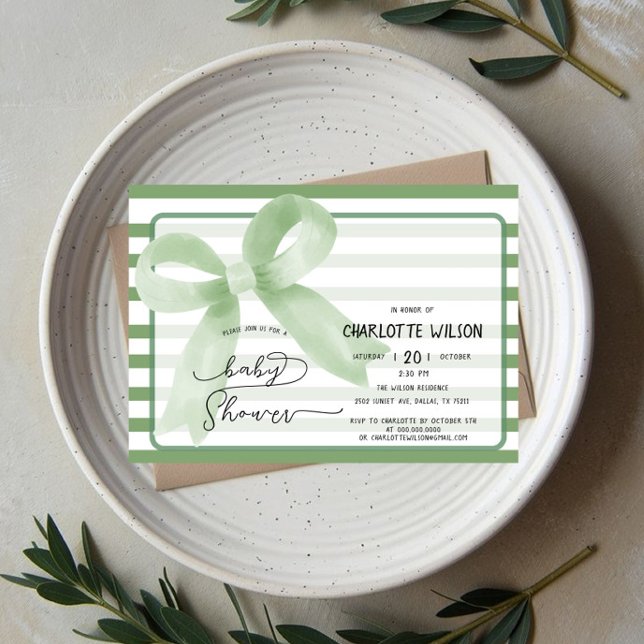 Cute Watercolor Green Bow Baby Shower Invitation (Creator Uploaded)