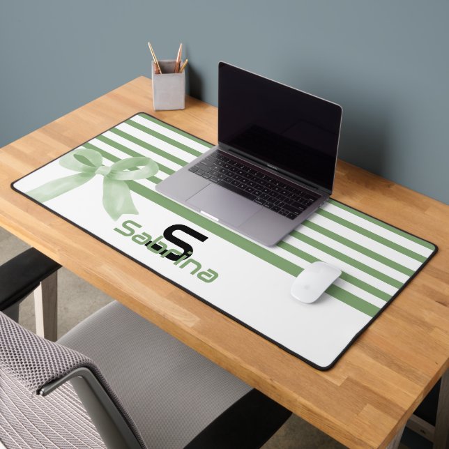 Cute Watercolor Green Bow Stripes Desk Mat (Office 2)