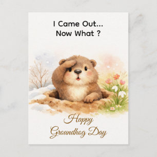 Cute Watercolor Groundhog Popping Out Of Hole Holiday Postcard
