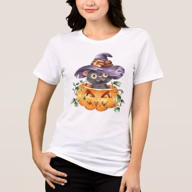Cute Watercolor Halloween Cat Tri-Blend Shirt (Front)