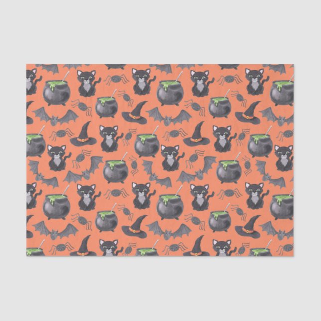 Cute Watercolor Halloween Cats & Cauldrons Tissue Paper (Front)
