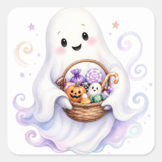 Cute Watercolor Halloween Ghost and Candy Basket Square Sticker