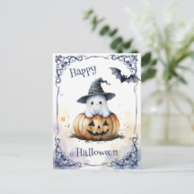Cute Watercolor Halloween Ghost on a Jack o’ Lante