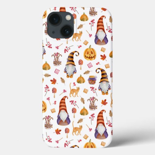 Cute Watercolor Halloween Gnomes Pumpkins and Cat iPhone 13 Case