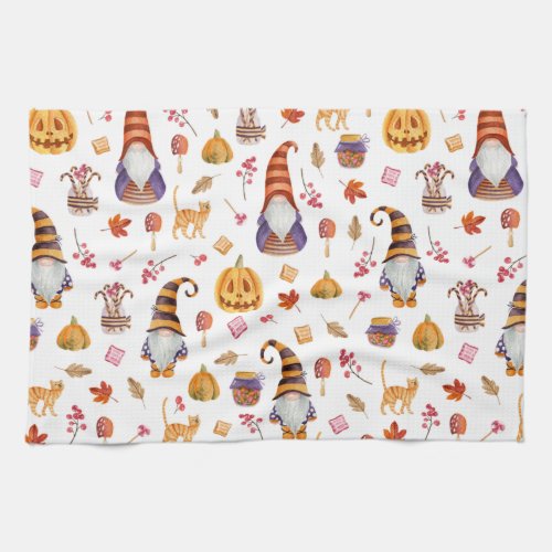 Cute Watercolor Halloween Gnomes Pumpkins and Cat Kitchen Towel