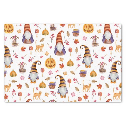 Cute Watercolor Halloween Gnomes Pumpkins and Cat Tissue Paper