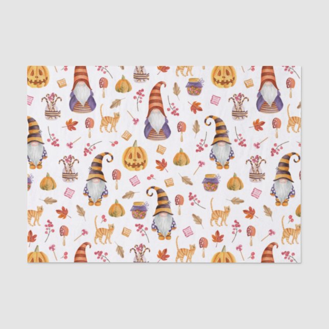 Cute Watercolor Halloween Gnomes, Pumpkins and Cat Tissue Paper (Front)