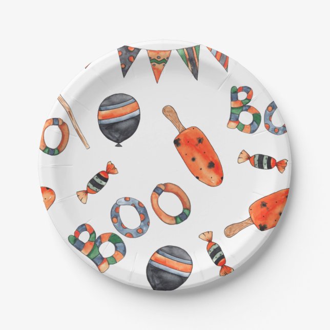 Cute Watercolor Halloween Party Paper Plates (Front)