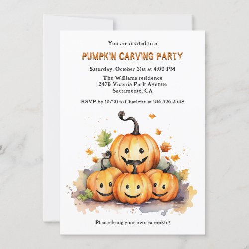 Cute Watercolor Halloween Pumpkin Carving Party Invitation