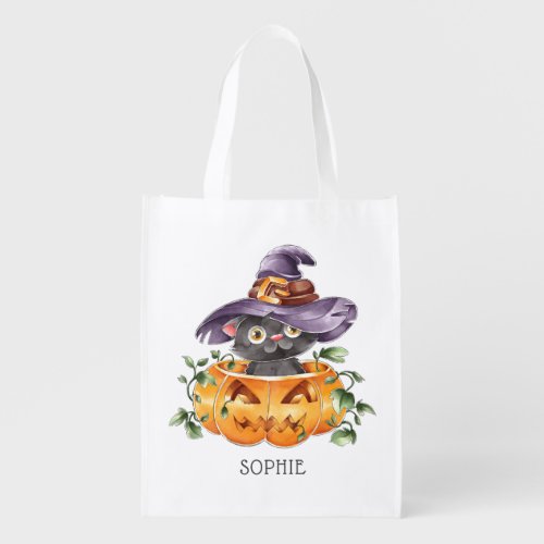 Cute Watercolor Halloween Pumpkin Cat Grocery Bag