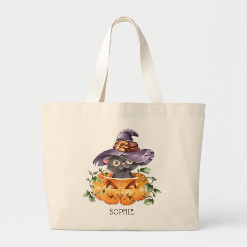 Cute Watercolor Halloween Pumpkin Cat Large Tote Bag