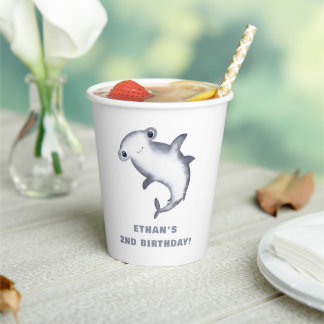 Cute Watercolor Hammerhead Shark Birthday Paper Cups