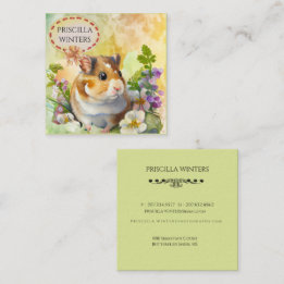 Cute Watercolor Hamster Flowers Green Square Business Card