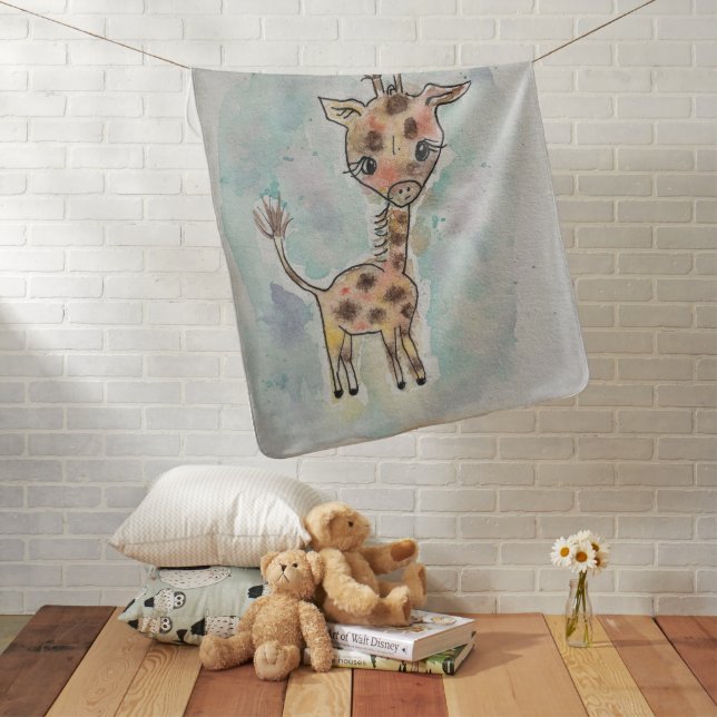 Cute Watercolor Hand Drawn Giraffe Name Baby Blanket (In Situ)