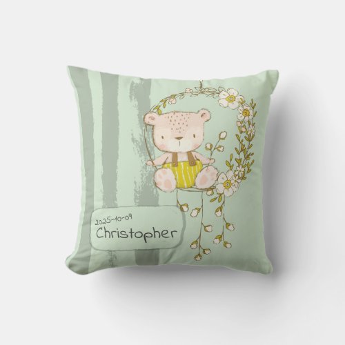 Cute Watercolor Handdrawn Teddy Bear Flowers Green Throw Pillow