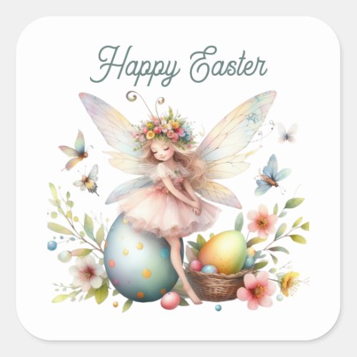 Cute watercolor Happy Easter fairy  Square Sticker